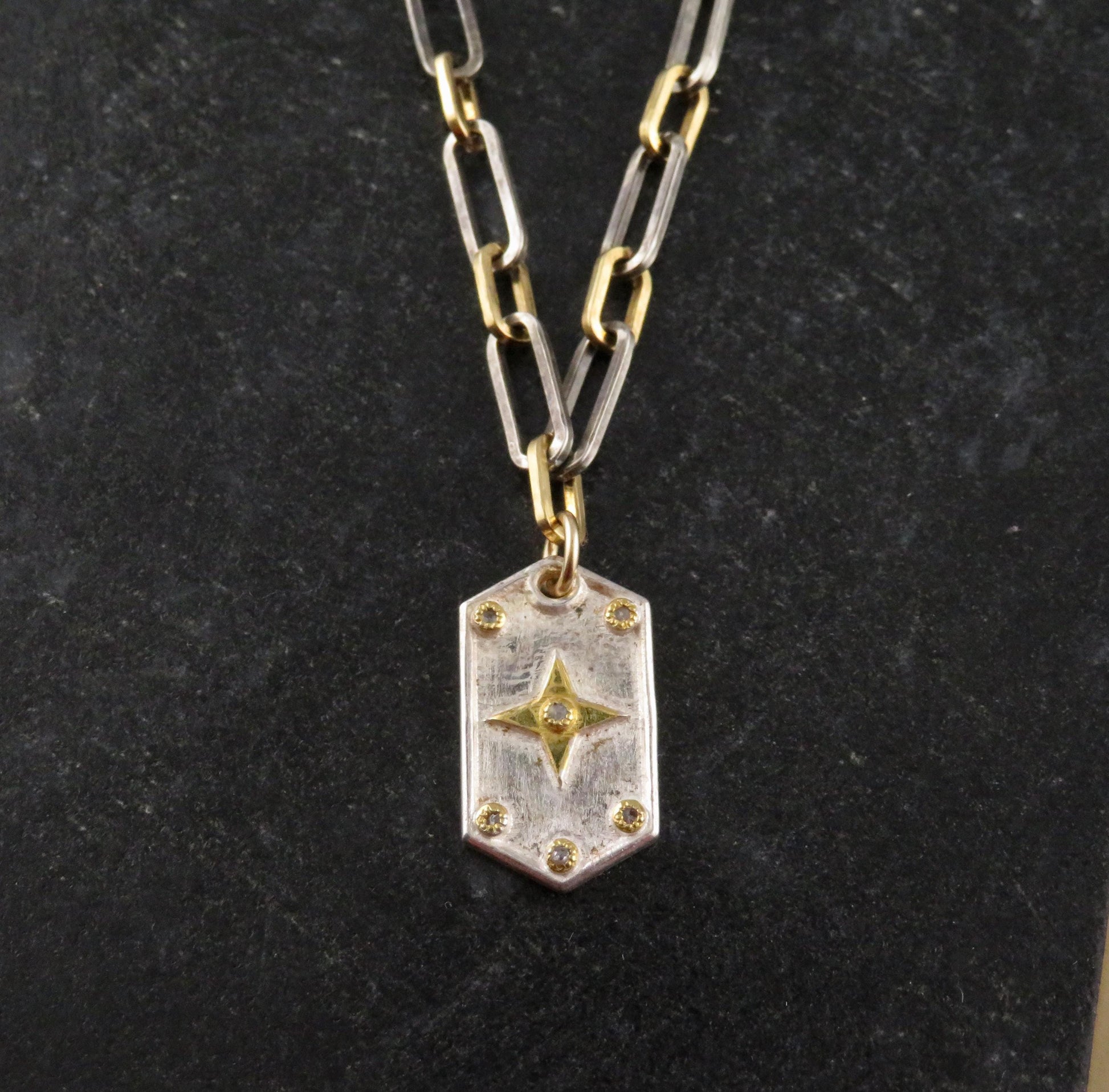 Mixed Metal Medallion | Gold Silver Necklace | Two Tone Tag Necklace | Contrast Pendant