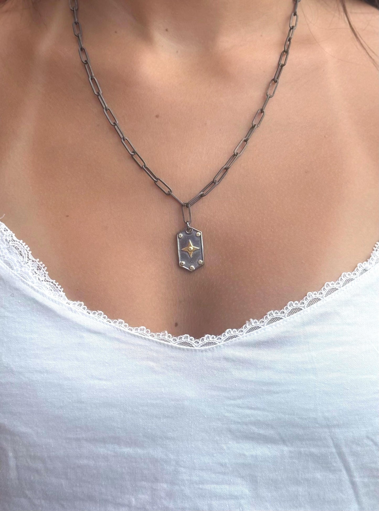 Mixed Metal Medallion | Gold Silver Necklace | Two Tone Tag Necklace | Contrast Pendant