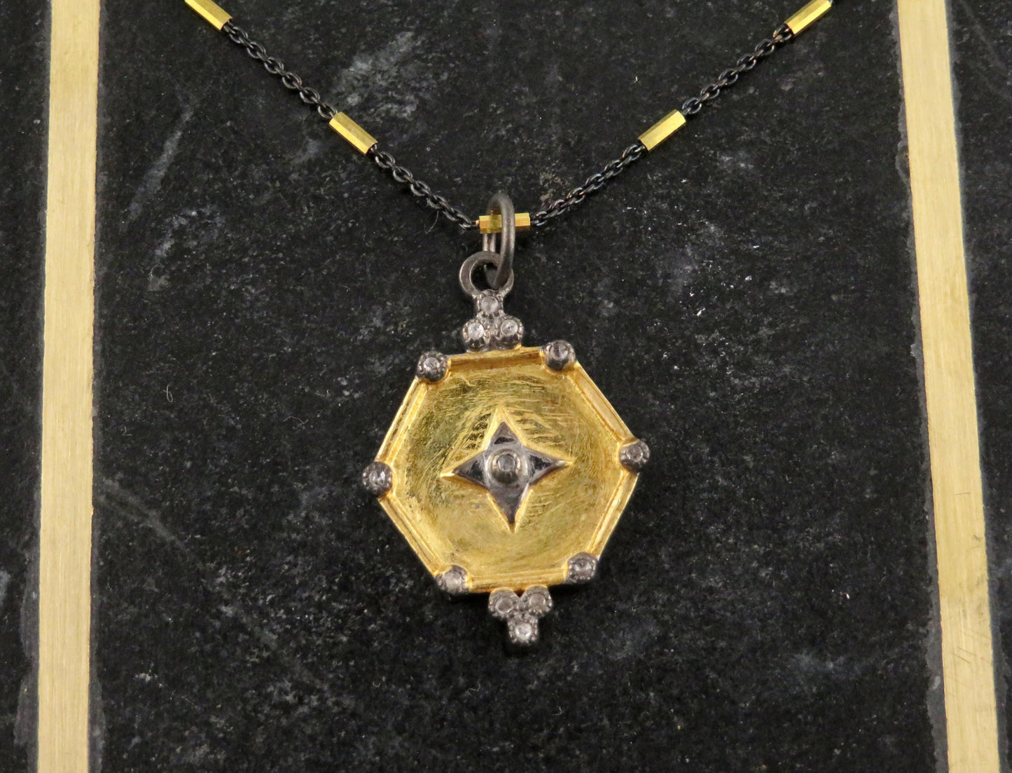 Mixed Metal Medallion | Gold Silver Necklace | Two Tone Geometric Necklace | Diamond Gold Medallion Necklace