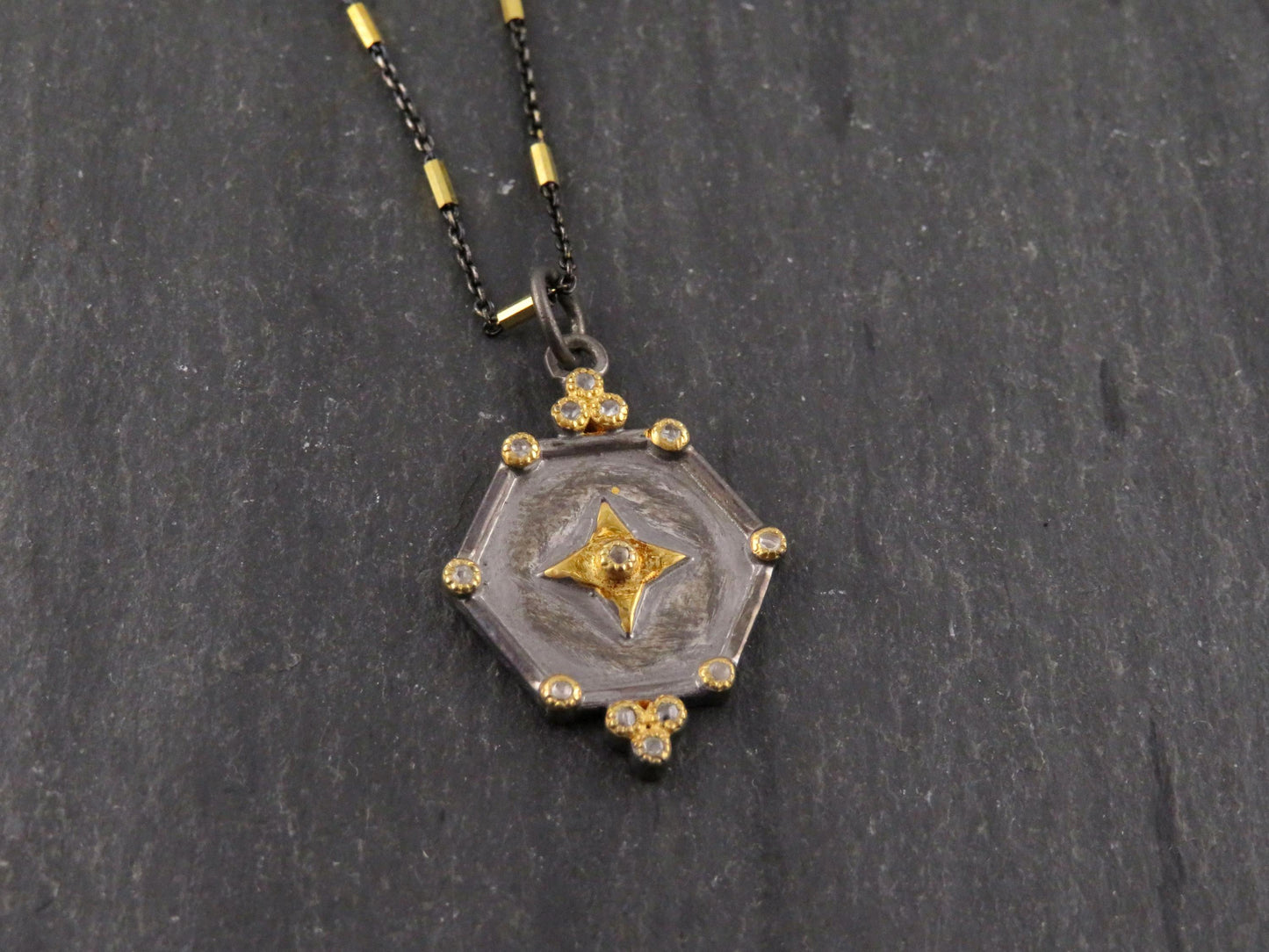 Mixed Metal Medallion | Gold Silver Necklace | Two Tone Geometric Necklace | Diamond Gold Medallion Necklace