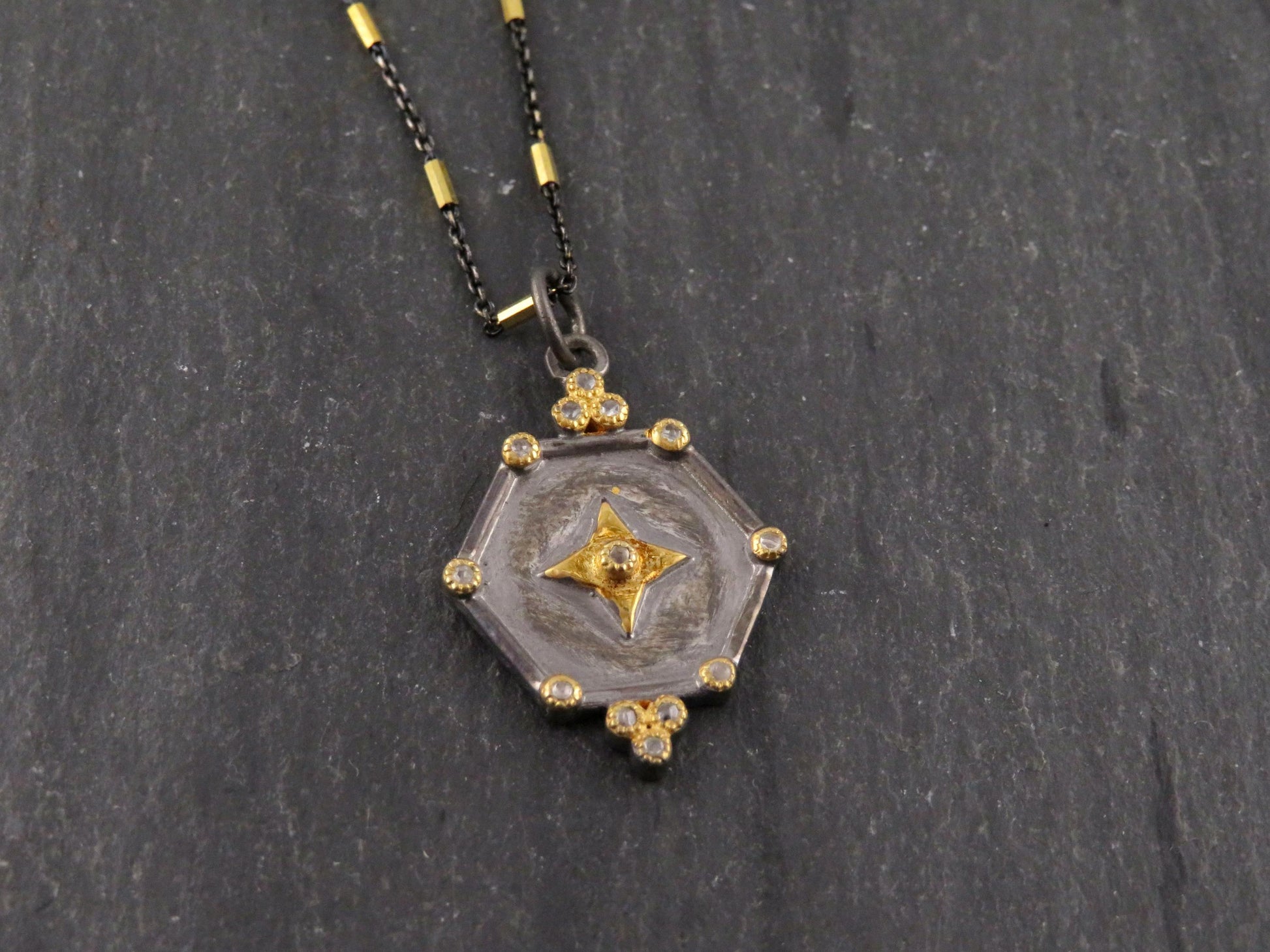Mixed Metal Medallion | Gold Silver Necklace | Two Tone Geometric Necklace | Diamond Gold Medallion Necklace