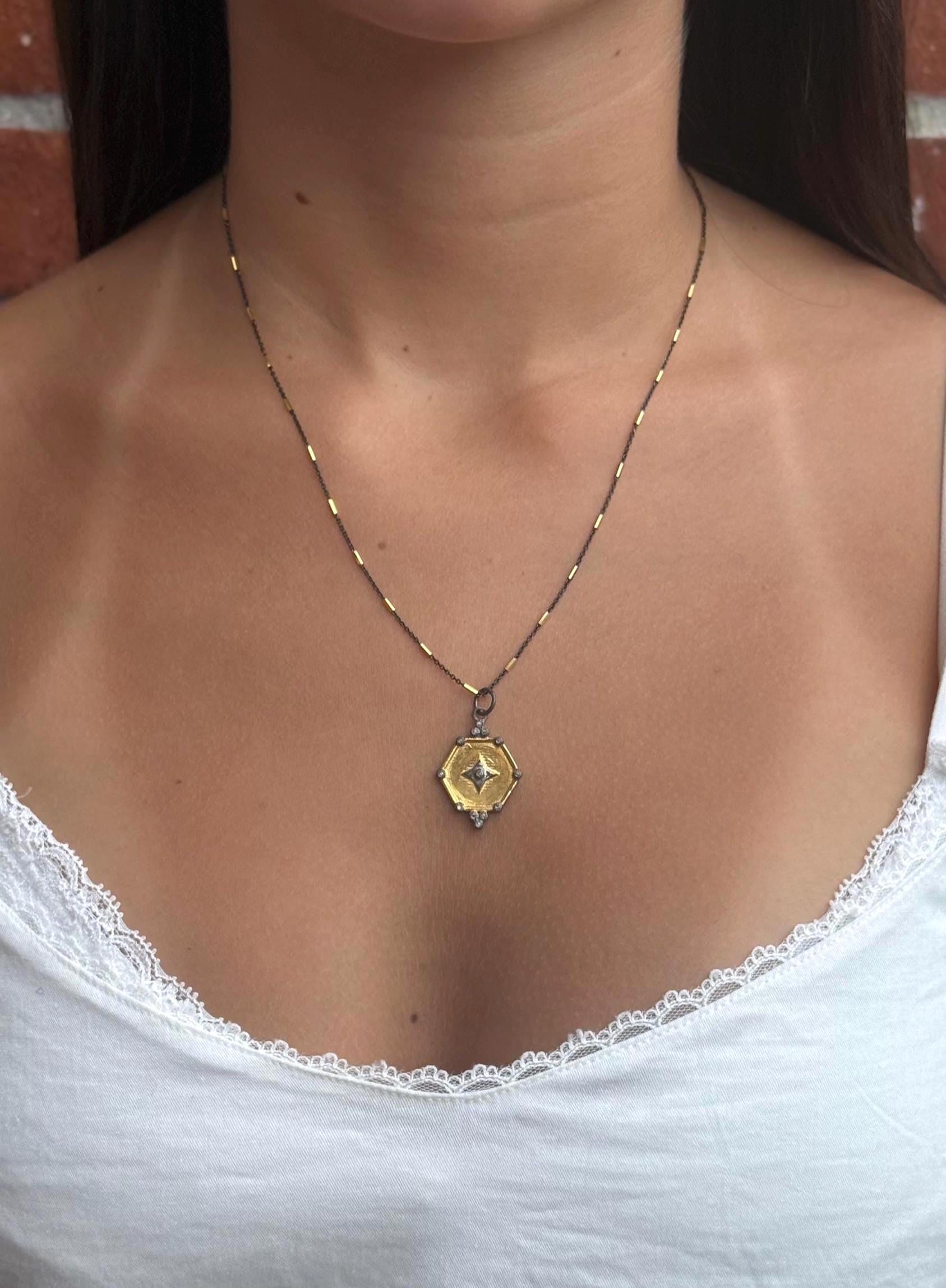 Mixed Metal Medallion | Gold Silver Necklace | Two Tone Geometric Necklace | Diamond Gold Medallion Necklace