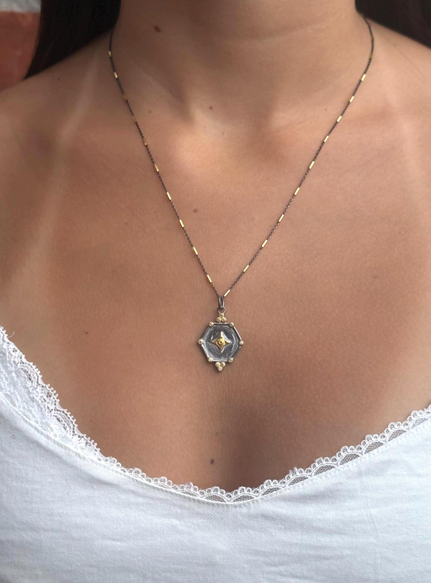 Mixed Metal Medallion | Gold Silver Necklace | Two Tone Geometric Necklace | Diamond Gold Medallion Necklace