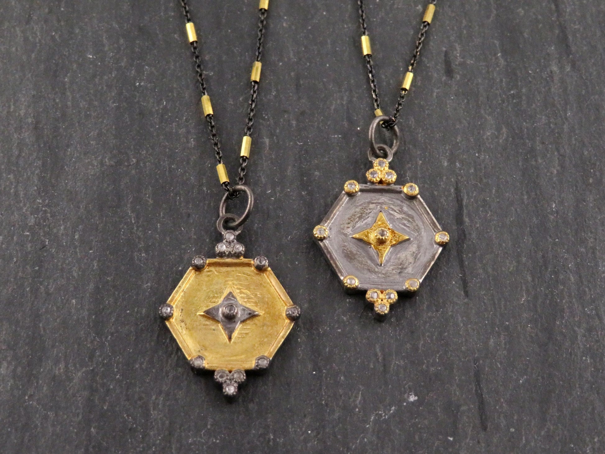 Mixed Metal Medallion | Gold Silver Necklace | Two Tone Geometric Necklace | Diamond Gold Medallion Necklace