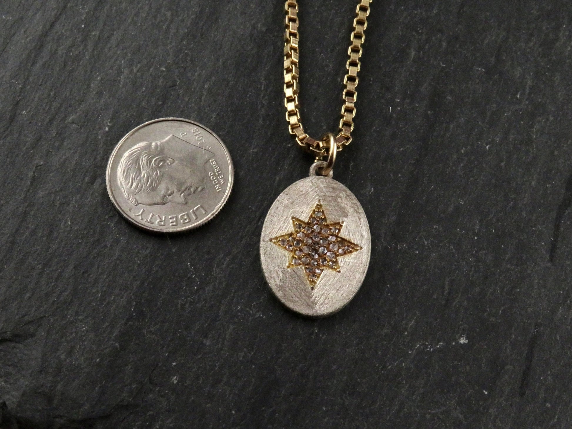 Mixed Metal Star Medallion | Gold Silver Sparkly Pendant | Two Tone Oval Necklace | Matte Silver Star Pendant | Diamond Pendant