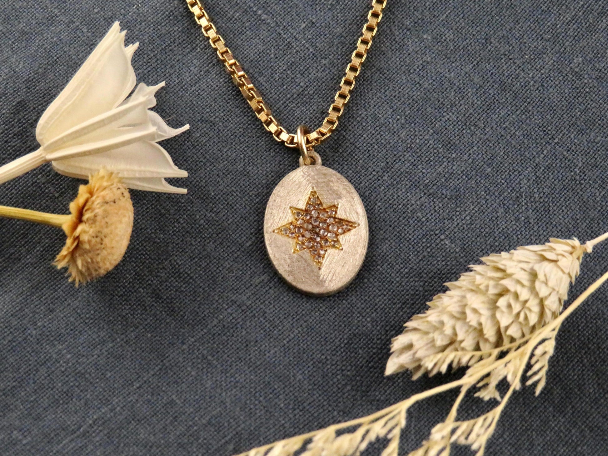 Mixed Metal Star Medallion | Gold Silver Sparkly Pendant | Two Tone Oval Necklace | Matte Silver Star Pendant | Diamond Pendant