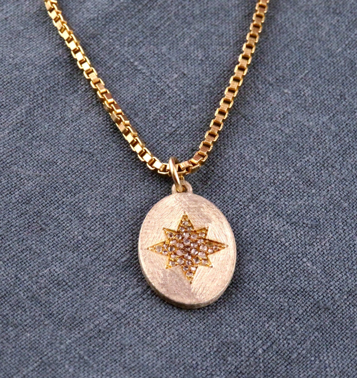Mixed Metal Star Medallion | Gold Silver Sparkly Pendant | Two Tone Oval Necklace | Matte Silver Star Pendant | Diamond Pendant