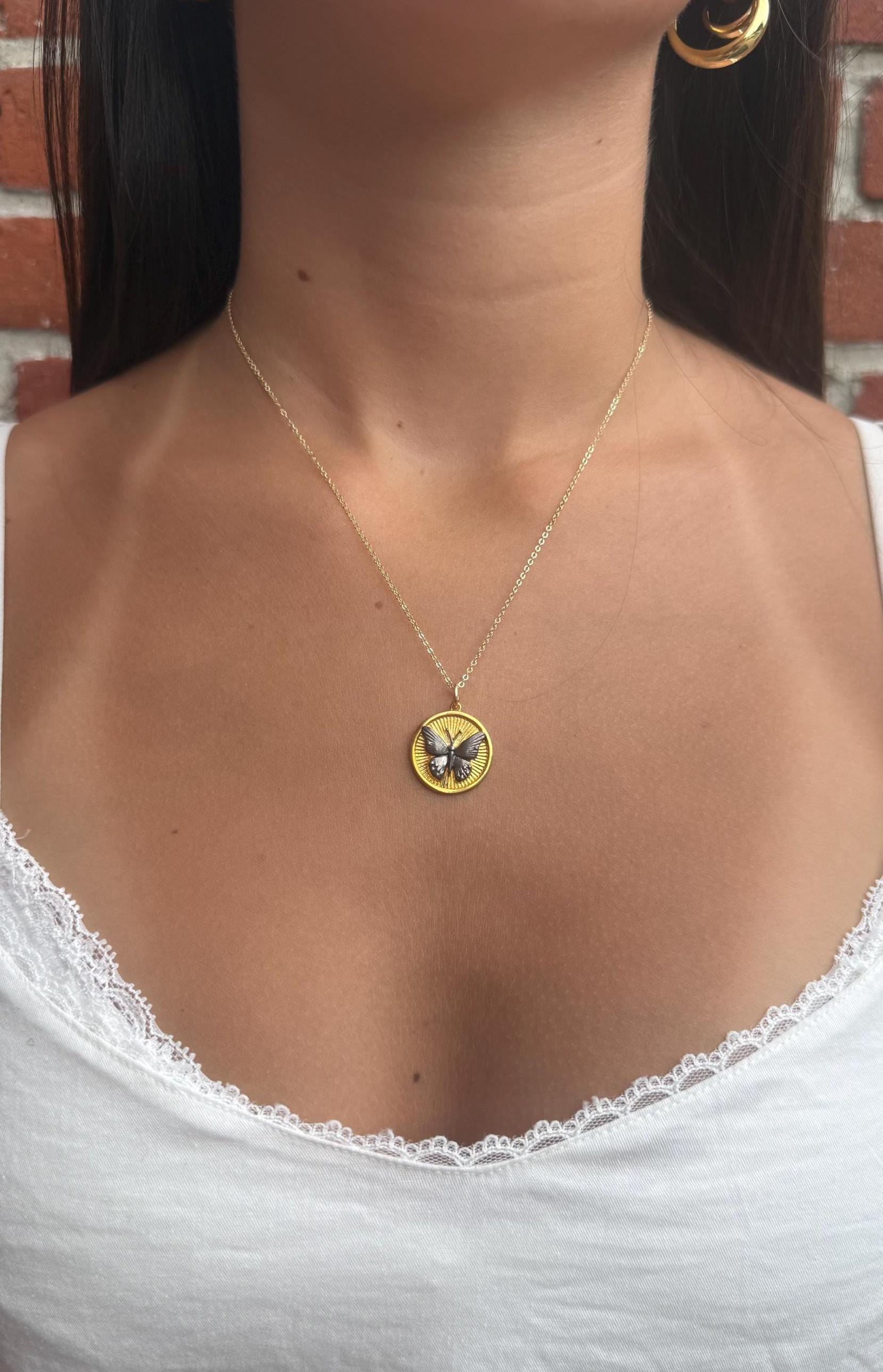 Gold Butterfly Necklace | Mixed Metal Pendant | Gold Silver Disc Butterfly | Two Tone Mariposa Necklace