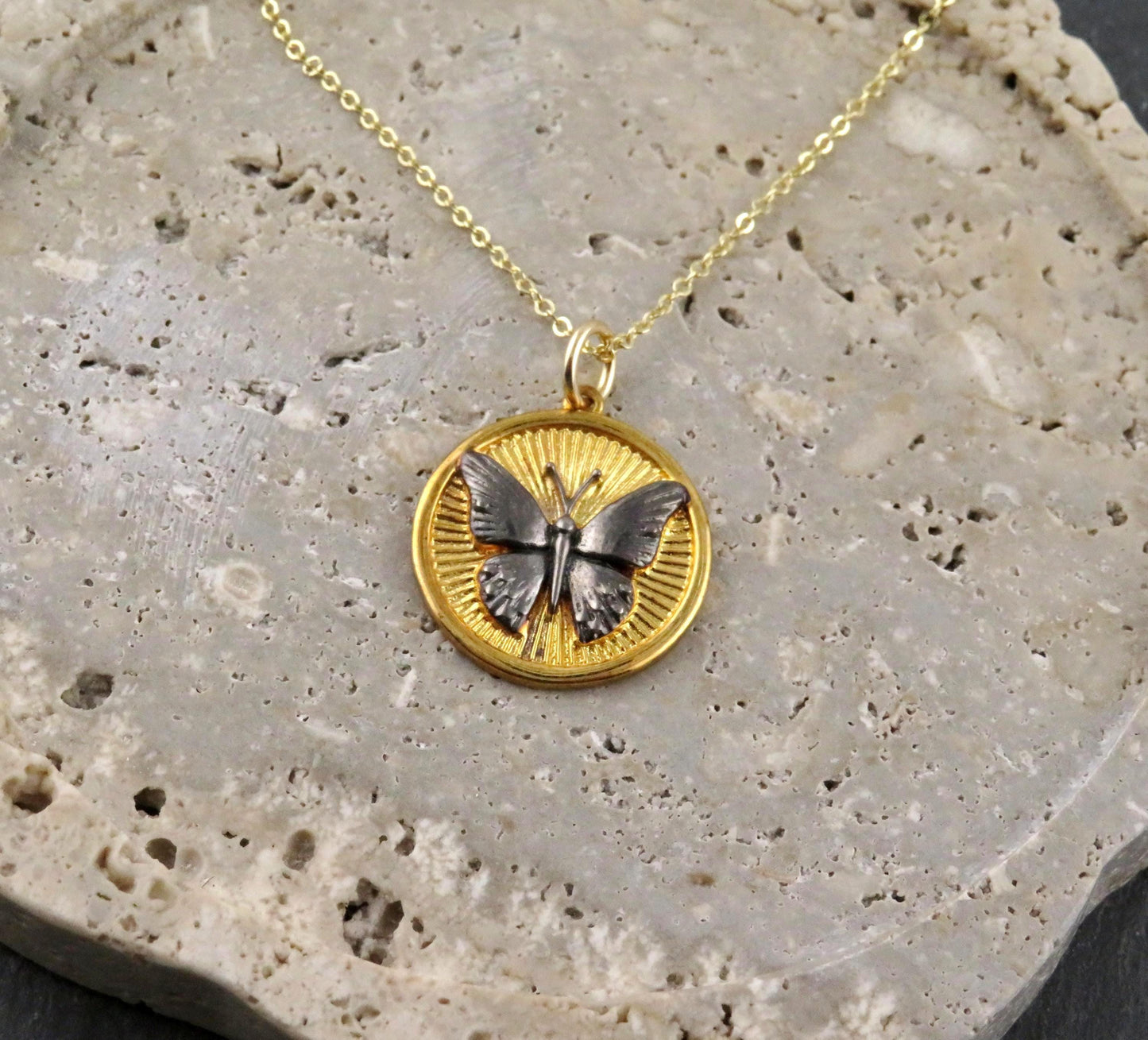 Gold Butterfly Necklace | Mixed Metal Pendant | Gold Silver Disc Butterfly | Two Tone Mariposa Necklace