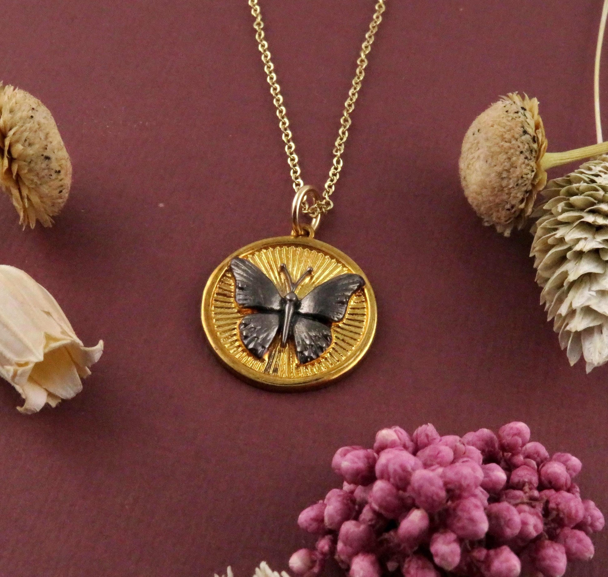 Gold Butterfly Necklace | Mixed Metal Pendant | Gold Silver Disc Butterfly | Two Tone Mariposa Necklace