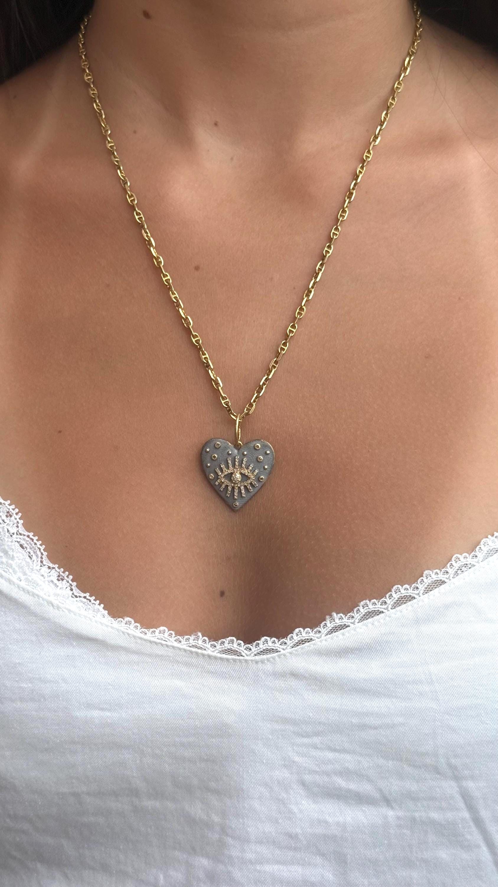 Mixed Metal Heart Medallion | Gold Silver Necklace | Diamond Evil Eye Necklace | Rough Eye Heart Medallion