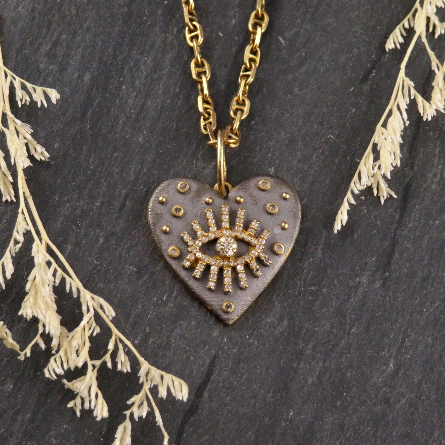 Mixed Metal Heart Medallion | Gold Silver Necklace | Diamond Evil Eye Necklace | Rough Eye Heart Medallion