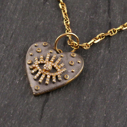 Mixed Metal Heart Medallion | Gold Silver Necklace | Diamond Evil Eye Necklace | Rough Eye Heart Medallion