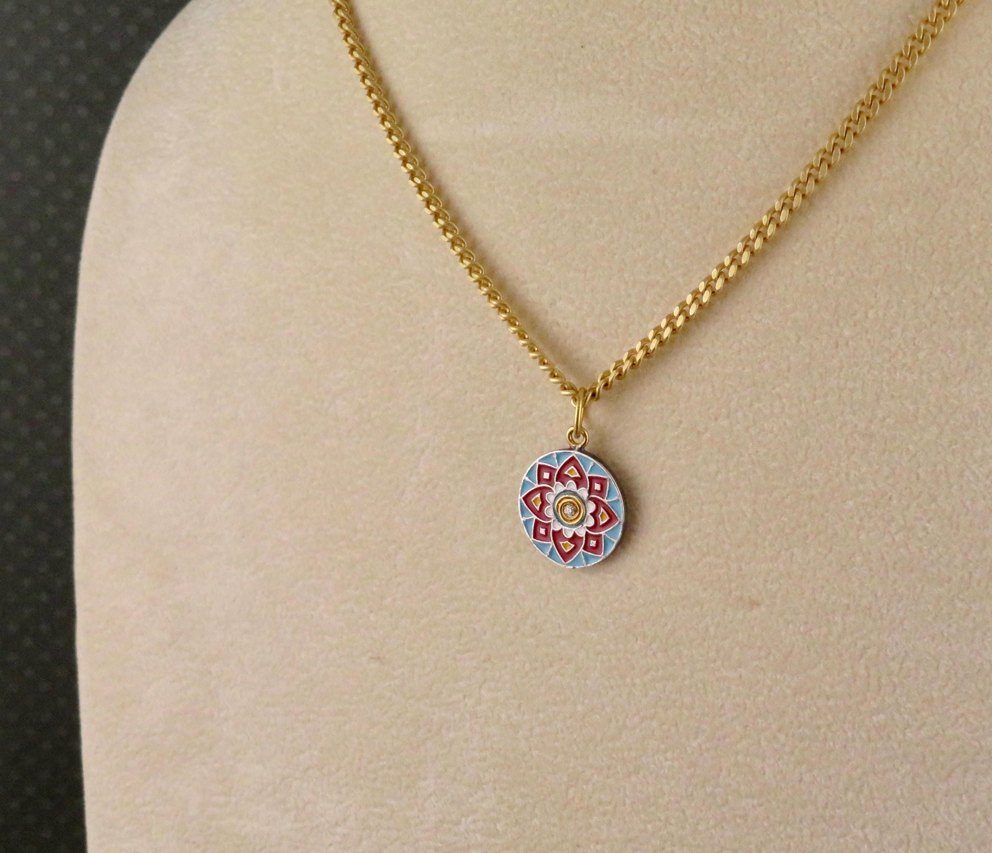 Gold Vintage Enamel Pendant | Red Blue Pendant | Unique Mandala Necklace | Vintage Geometric Enamel Gold