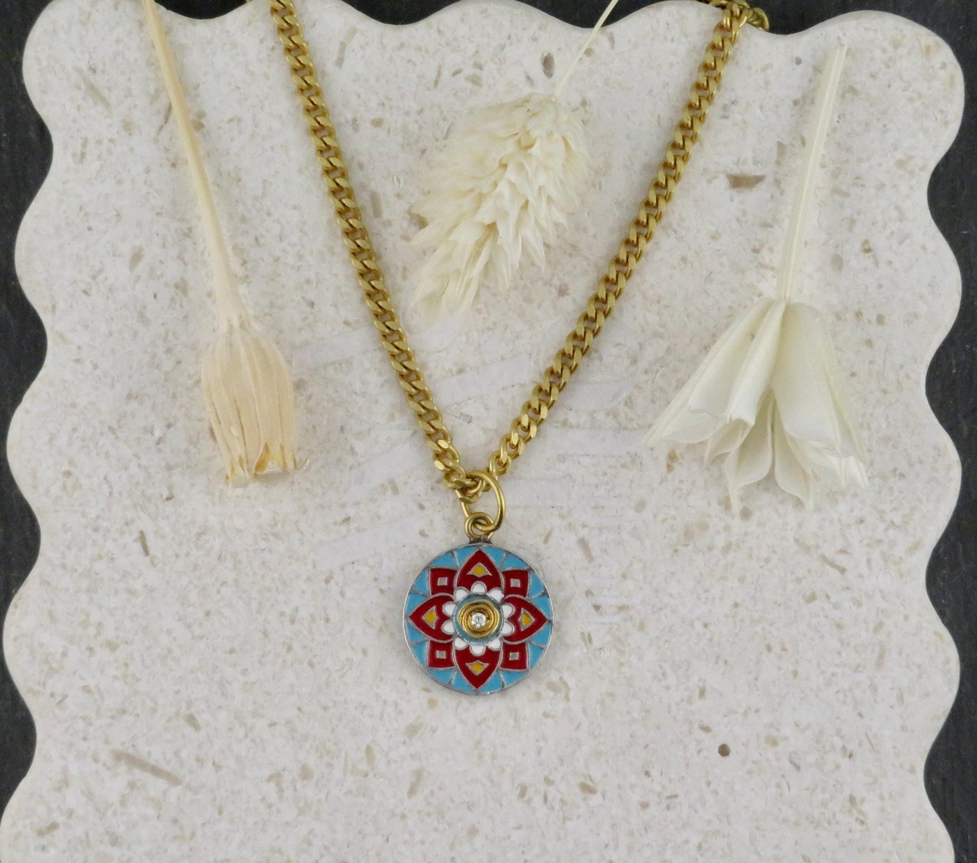 Gold Vintage Enamel Pendant | Red Blue Pendant | Unique Mandala Necklace | Vintage Geometric Enamel Gold