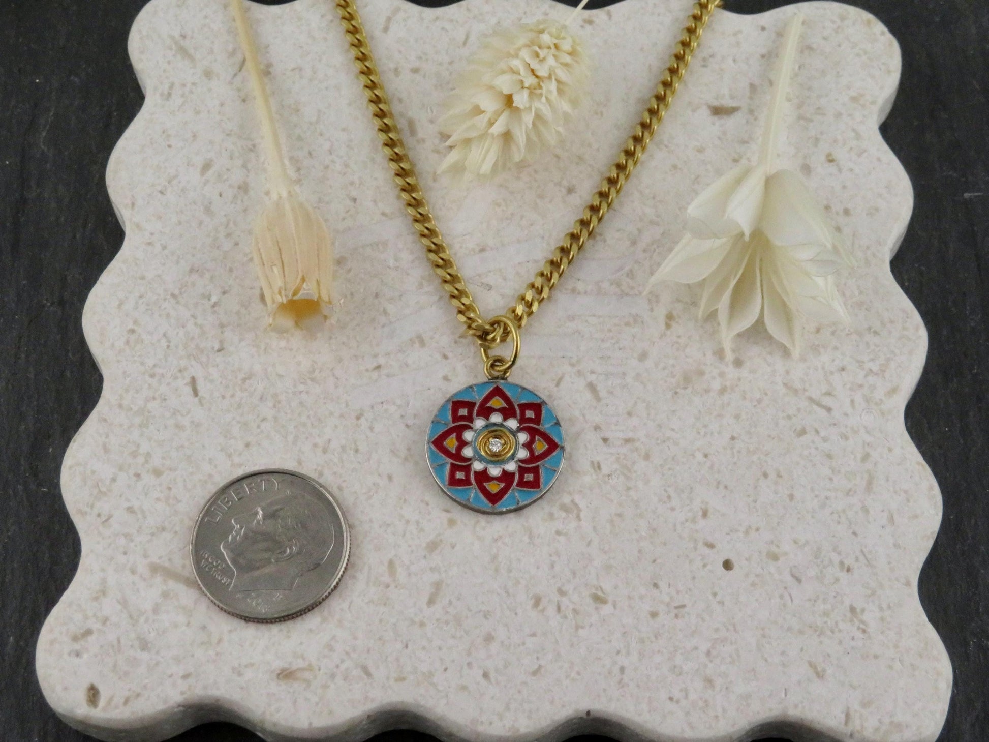 Gold Vintage Enamel Pendant | Red Blue Pendant | Unique Mandala Necklace | Vintage Geometric Enamel Gold