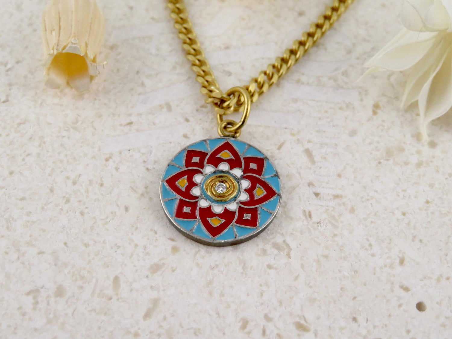 Gold Vintage Enamel Pendant | Red Blue Pendant | Unique Mandala Necklace | Vintage Geometric Enamel Gold