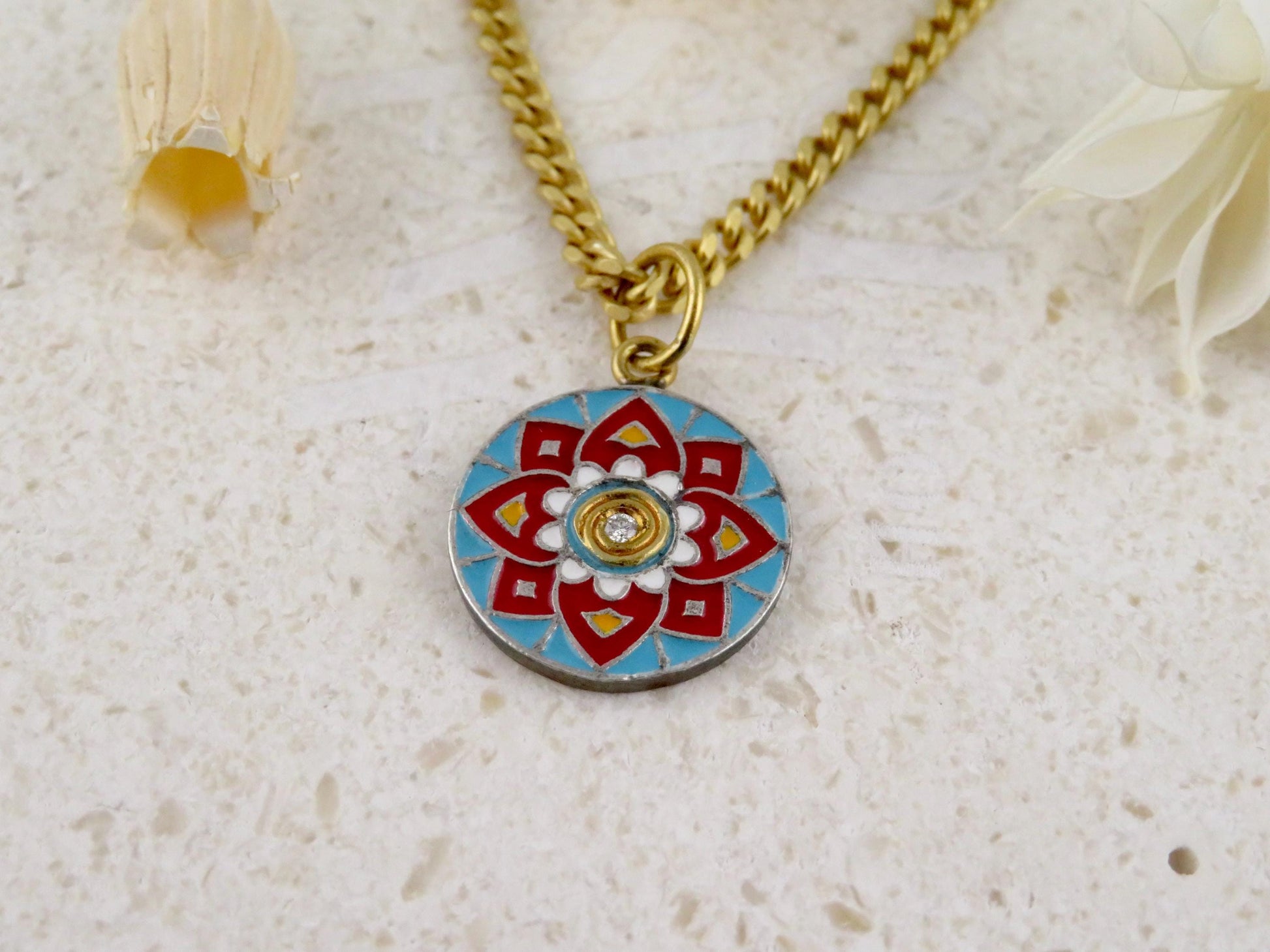 Gold Vintage Enamel Pendant | Red Blue Pendant | Unique Mandala Necklace | Vintage Geometric Enamel Gold