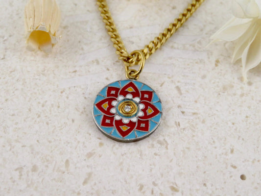 Gold Vintage Enamel Pendant | Red Blue Pendant | Unique Mandala Necklace | Vintage Geometric Enamel Gold