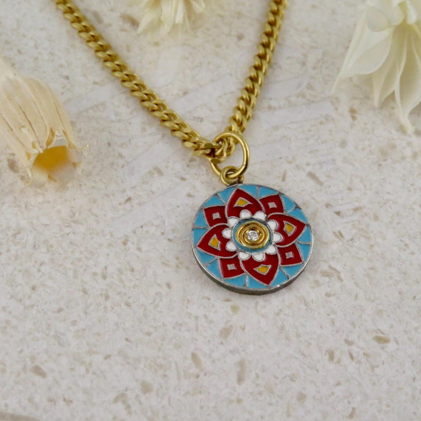 Gold Vintage Enamel Pendant | Red Blue Pendant | Unique Mandala Necklace | Vintage Geometric Enamel Gold