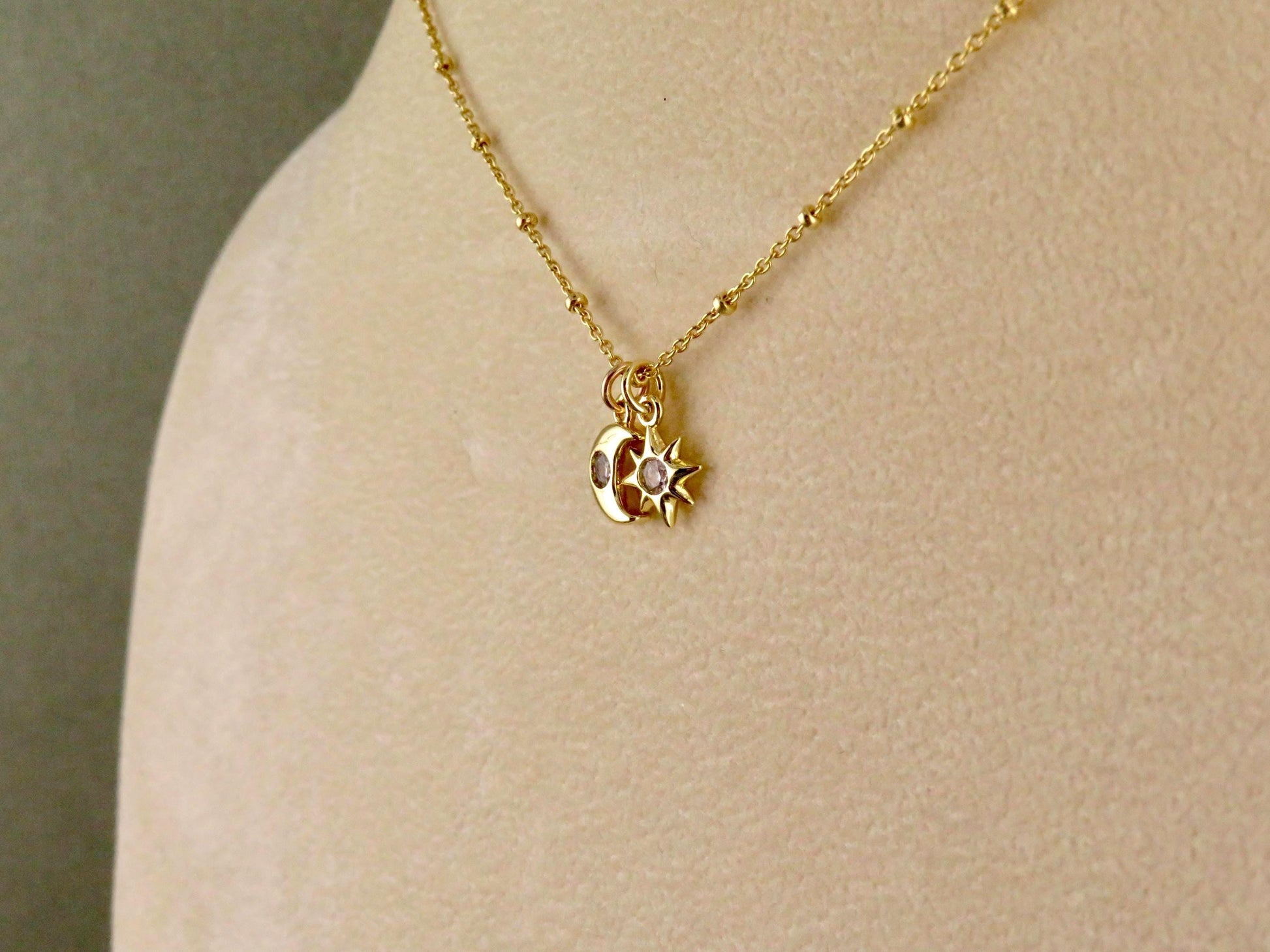 Gold Celestial Necklace| GoldFilled Moon Star Necklace | CZ Moon Star Charms | Delicate Celestial Charm Necklace