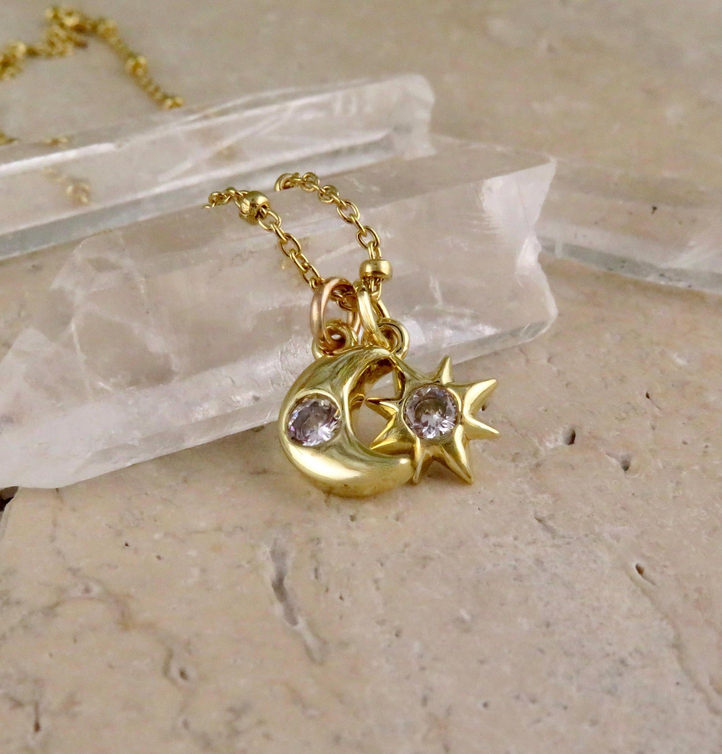 Gold Celestial Necklace| GoldFilled Moon Star Necklace | CZ Moon Star Charms | Delicate Celestial Charm Necklace