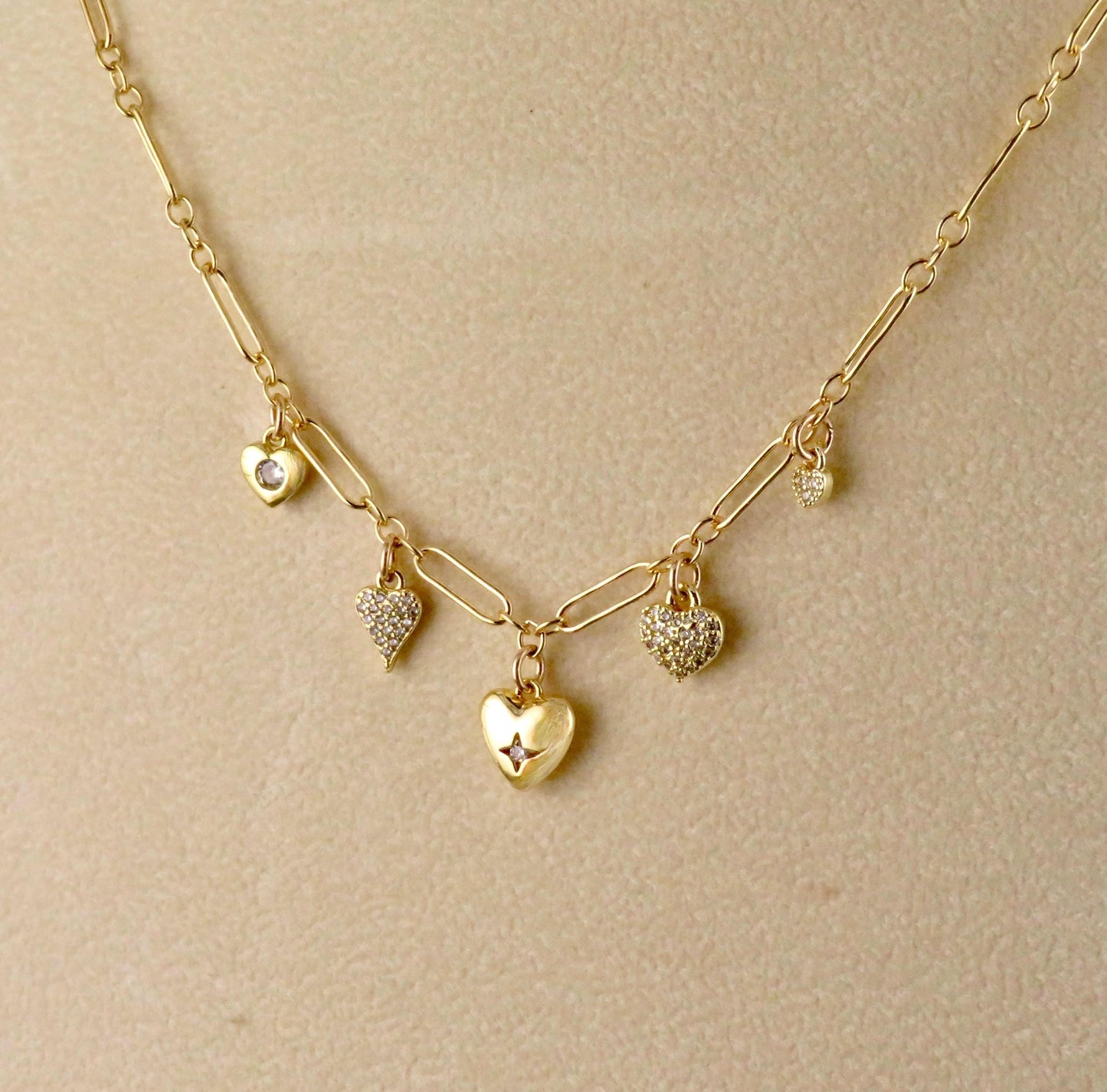 Multi Heart Necklace | Gold Sweet Heart Charm Necklace | Five Hearts Necklace | Minimal Gold Hearts | Gold CZ Hearts