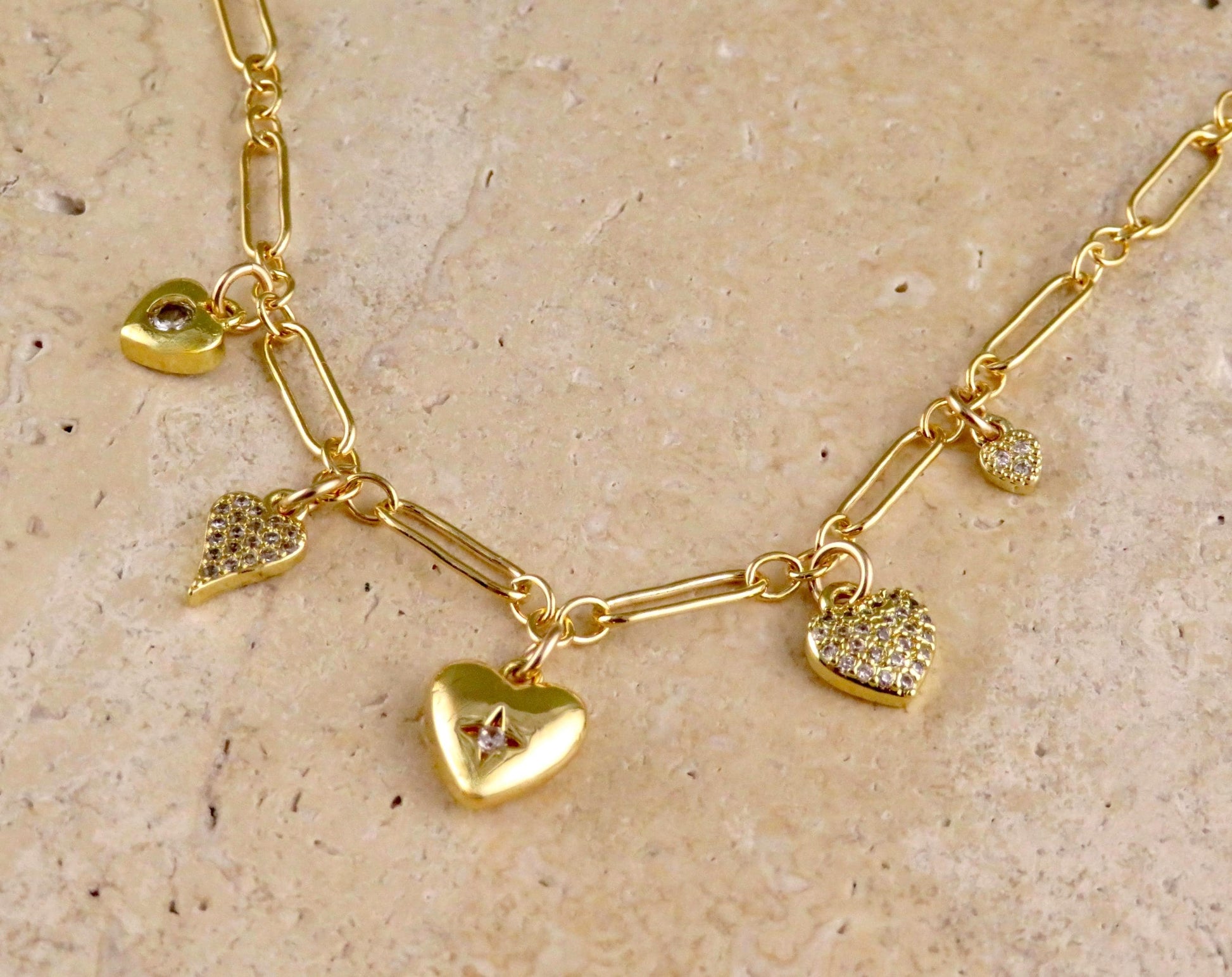 Multi Heart Necklace | Gold Sweet Heart Charm Necklace | Five Hearts Necklace | Minimal Gold Hearts | Gold CZ Hearts