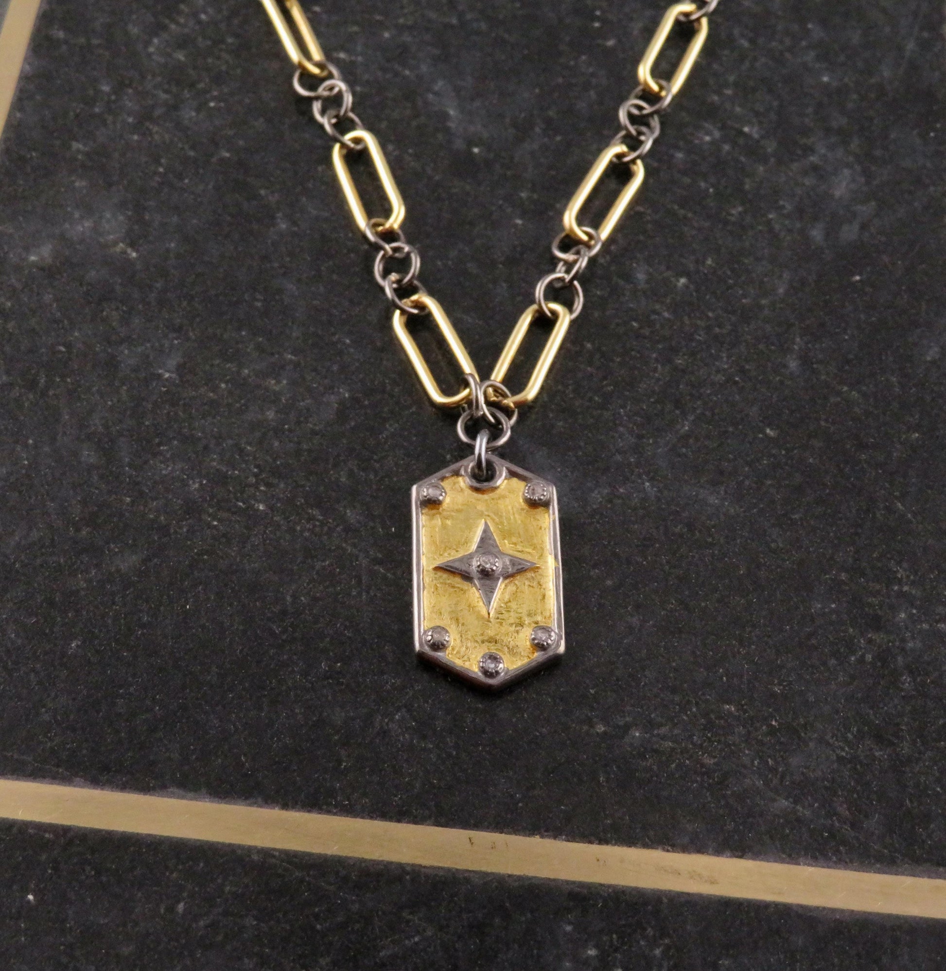 Mixed Metal Medallion | Gold Silver Necklace | Two Tone Tag Necklace | Contrast Pendant