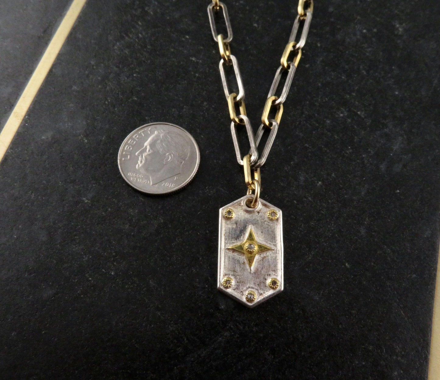 Mixed Metal Medallion | Gold Silver Necklace | Two Tone Tag Necklace | Contrast Pendant