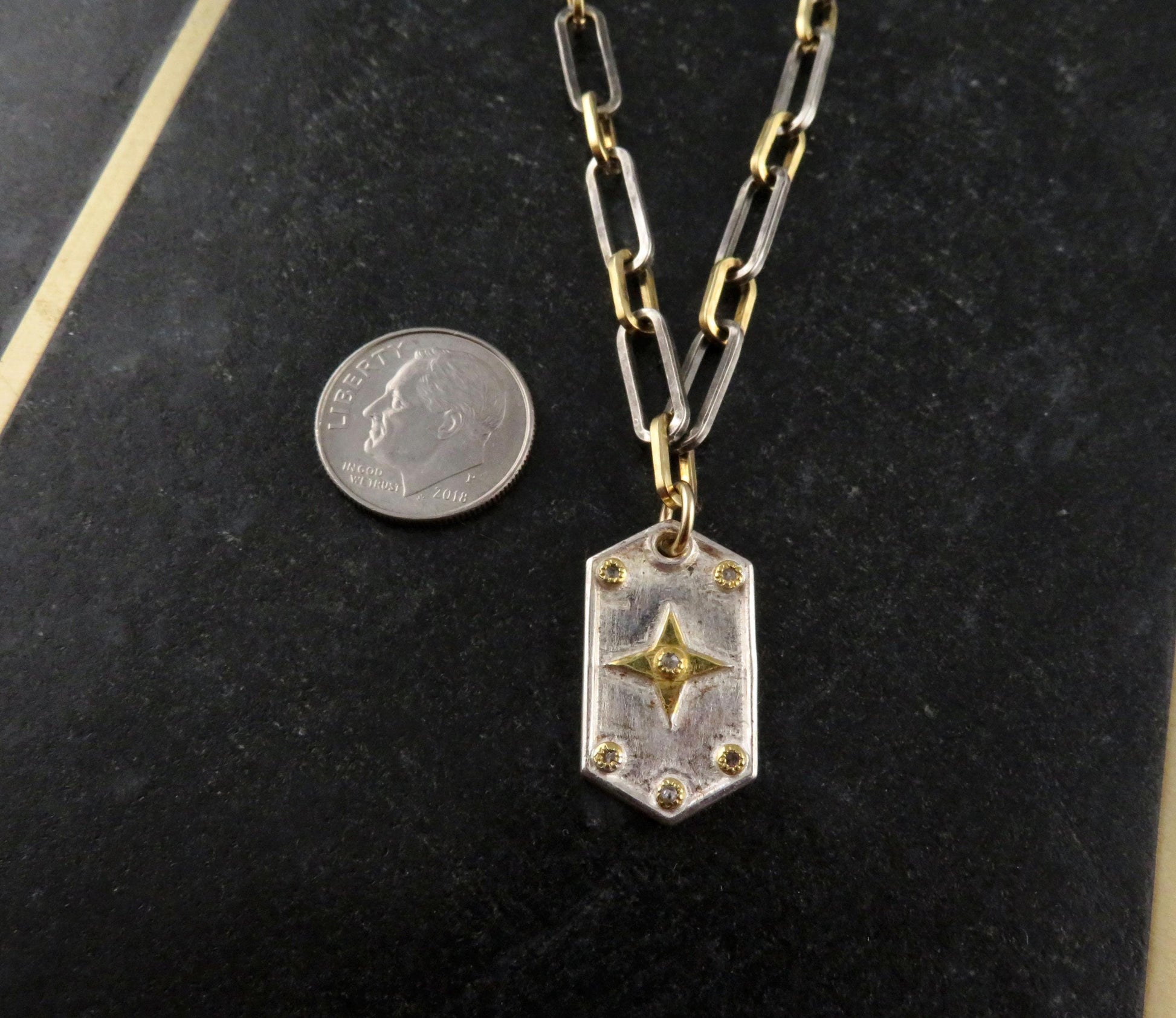 Mixed Metal Medallion | Gold Silver Necklace | Two Tone Tag Necklace | Contrast Pendant