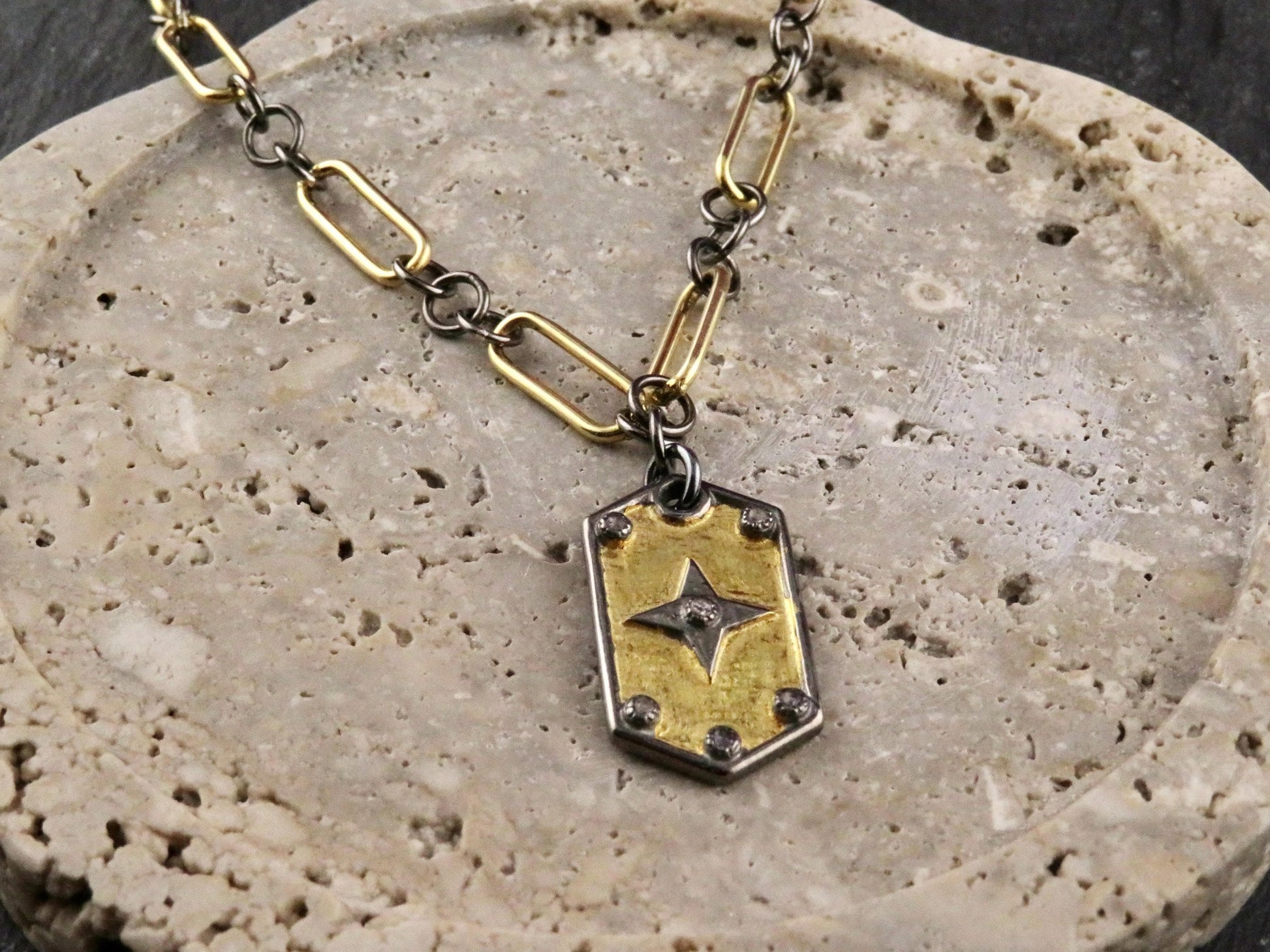 Mixed Metal Medallion | Gold Silver Necklace | Two Tone Tag Necklace | Contrast Pendant