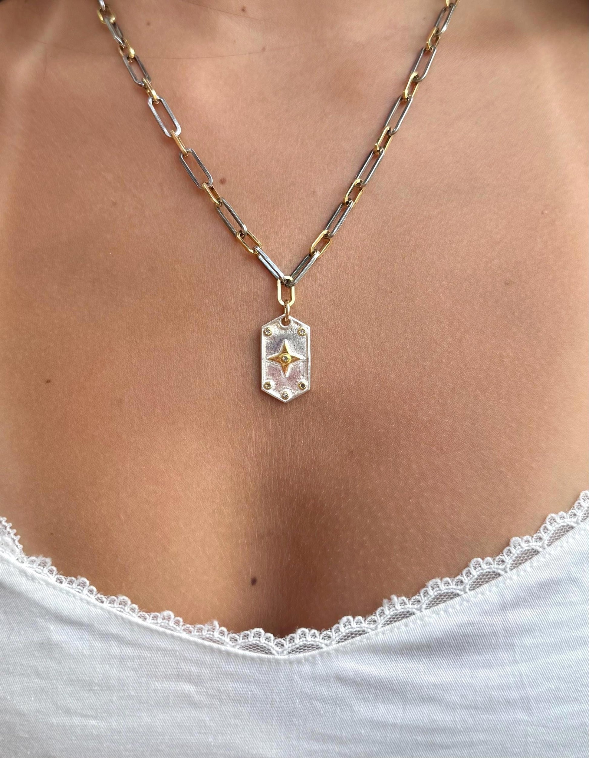 Mixed Metal Medallion | Gold Silver Necklace | Two Tone Tag Necklace | Contrast Pendant