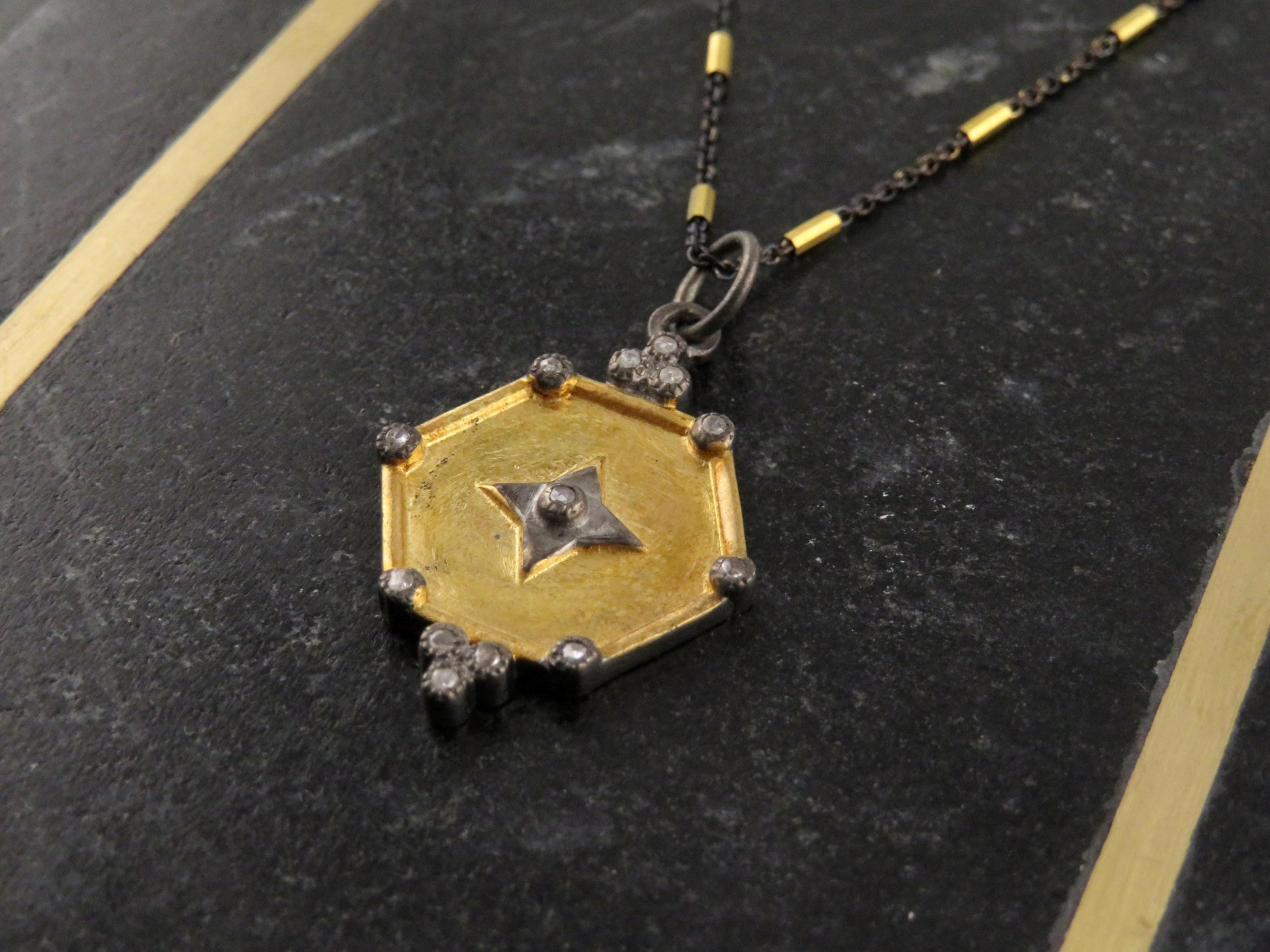 Mixed Metal Medallion | Gold Silver Necklace | Two Tone Geometric Necklace | Diamond Gold Medallion Necklace