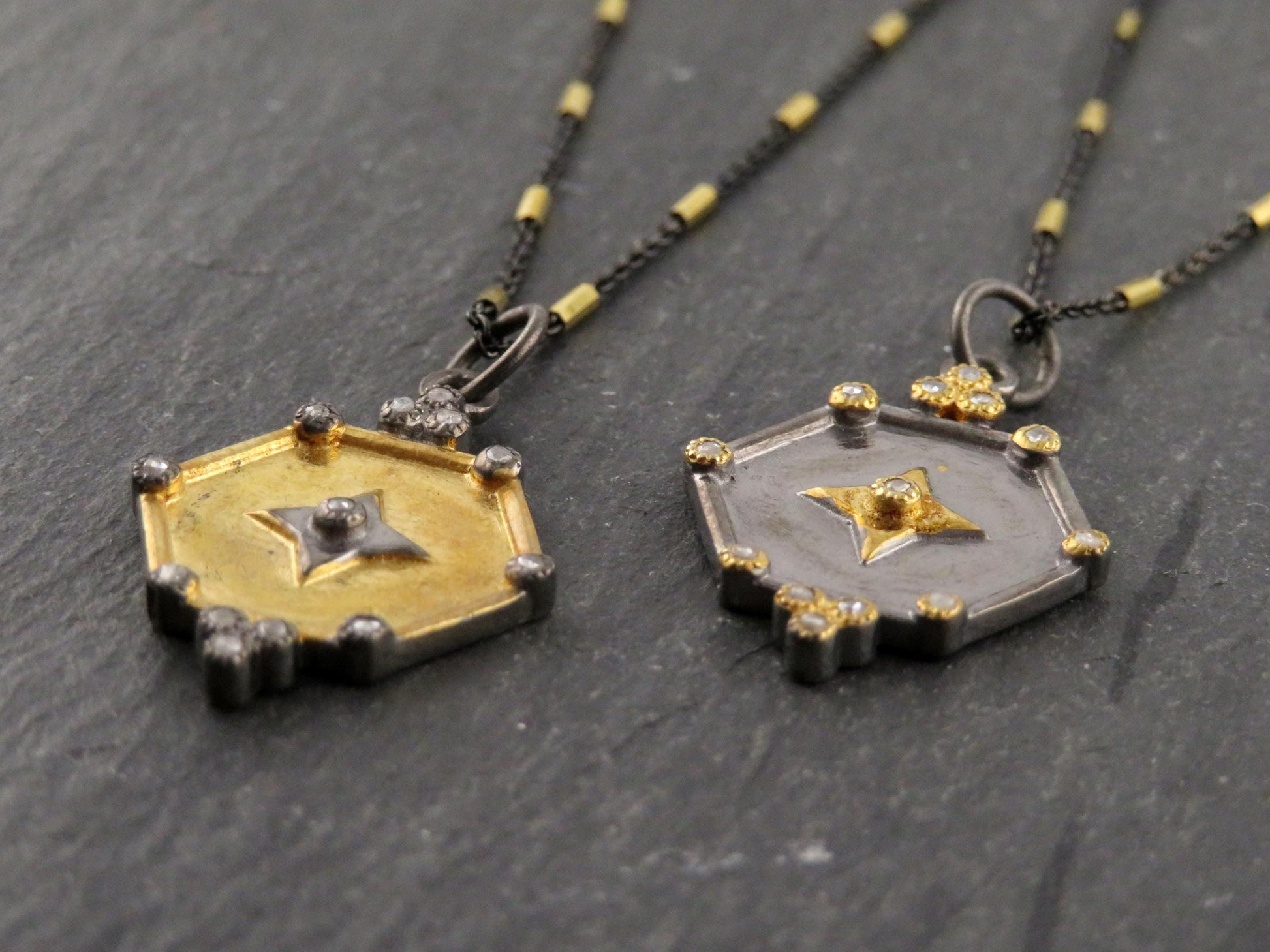 Mixed Metal Medallion | Gold Silver Necklace | Two Tone Geometric Necklace | Diamond Gold Medallion Necklace
