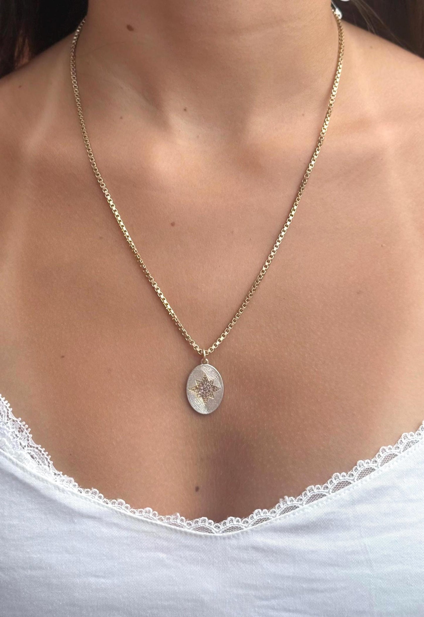 Mixed Metal Star Medallion | Gold Silver Sparkly Pendant | Two Tone Oval Necklace | Matte Silver Star Pendant | Diamond Pendant