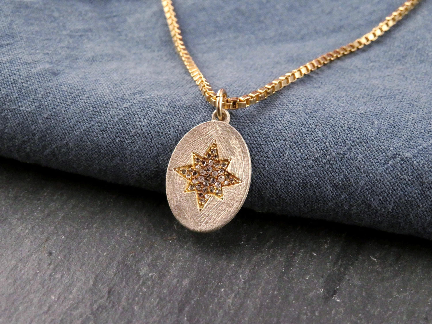 Mixed Metal Star Medallion | Gold Silver Sparkly Pendant | Two Tone Oval Necklace | Matte Silver Star Pendant | Diamond Pendant