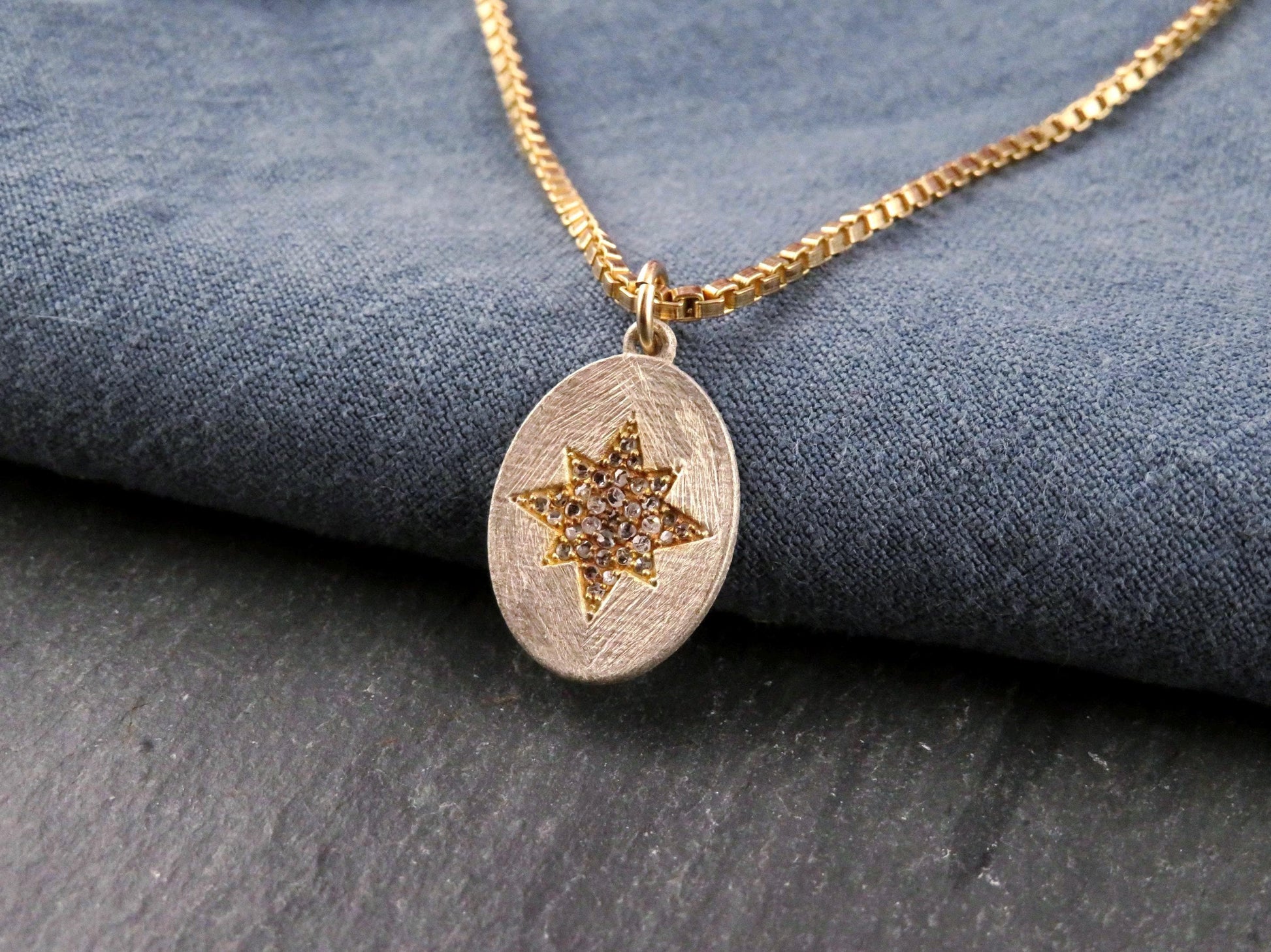 Mixed Metal Star Medallion | Gold Silver Sparkly Pendant | Two Tone Oval Necklace | Matte Silver Star Pendant | Diamond Pendant
