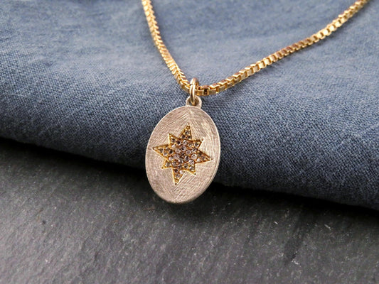 Mixed Metal Star Medallion | Gold Silver Sparkly Pendant | Two Tone Oval Necklace | Matte Silver Star Pendant | Diamond Pendant
