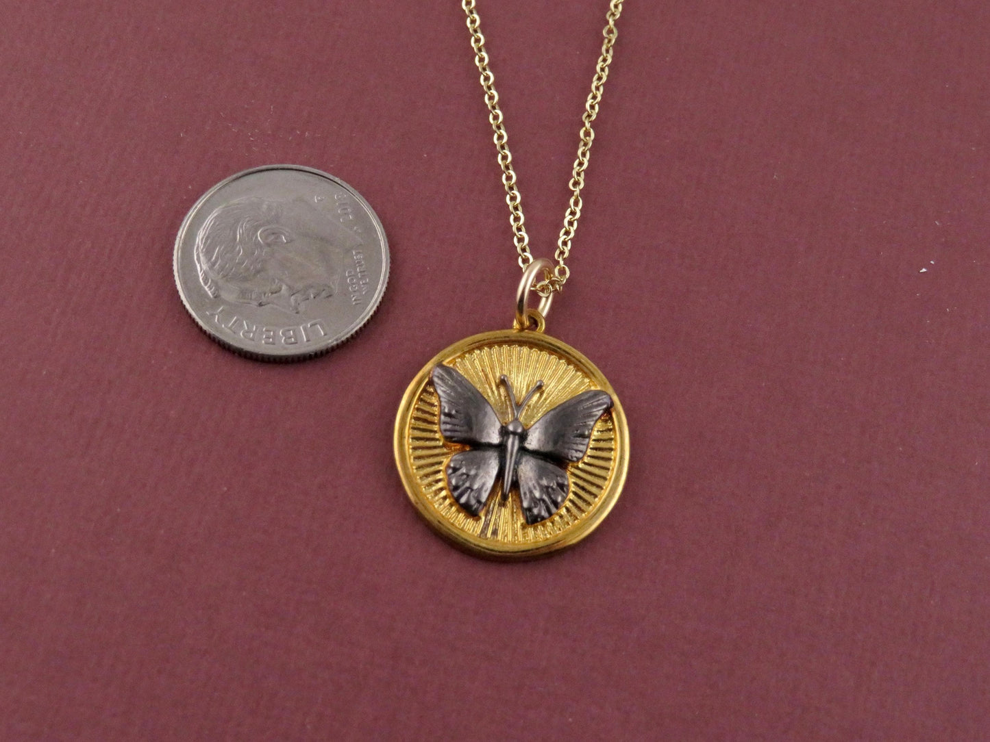 Gold Butterfly Necklace | Mixed Metal Pendant | Gold Silver Disc Butterfly | Two Tone Mariposa Necklace