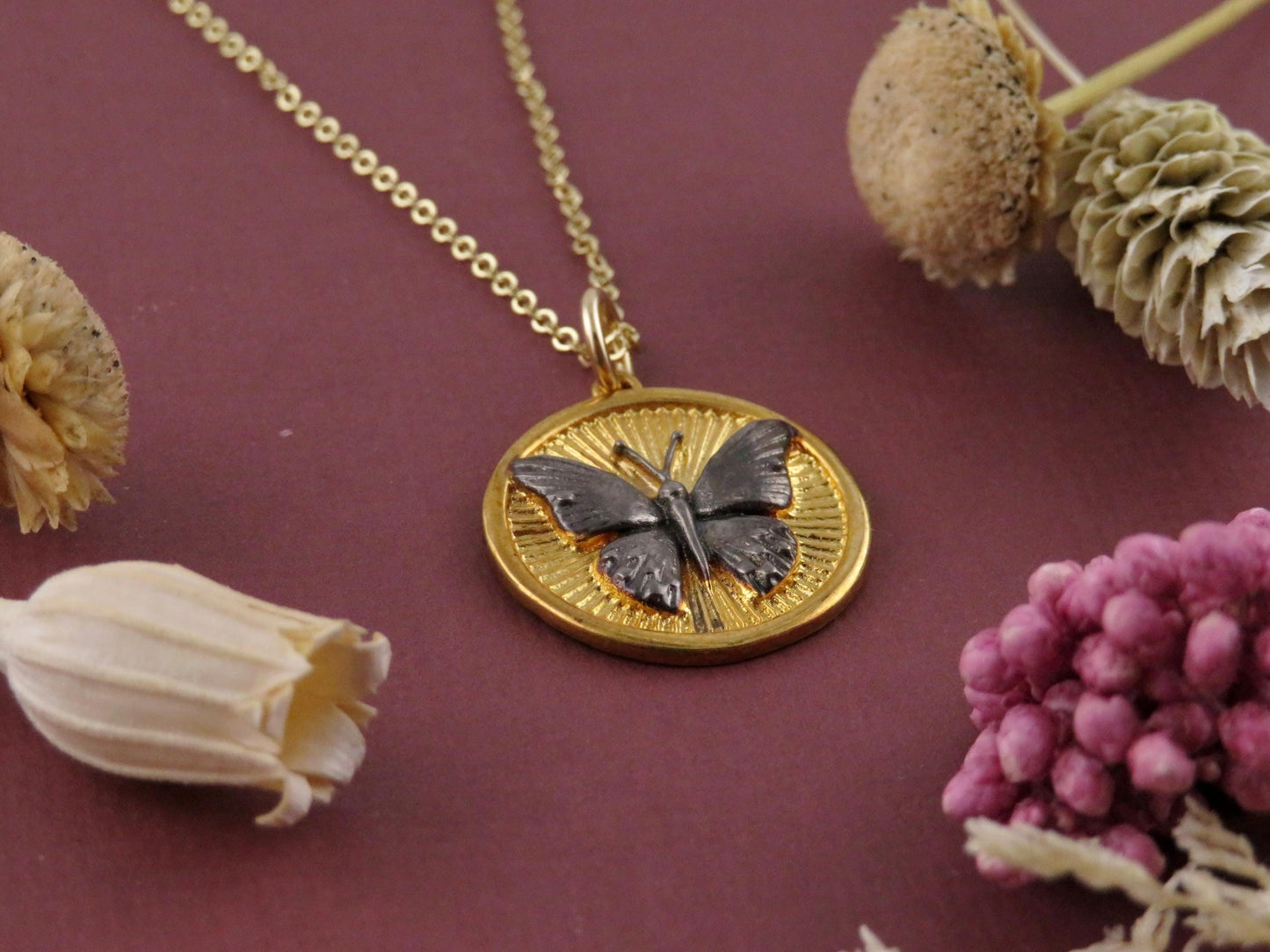 Gold Butterfly Necklace | Mixed Metal Pendant | Gold Silver Disc Butterfly | Two Tone Mariposa Necklace