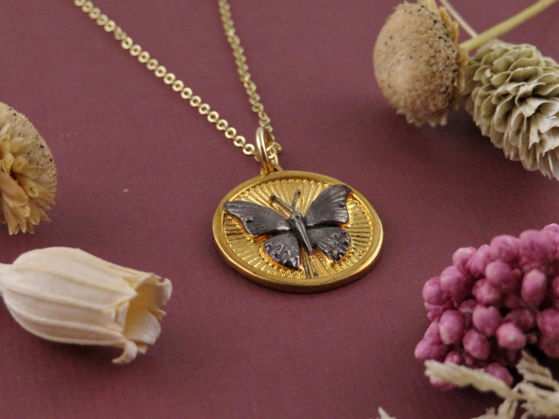 Gold Butterfly Necklace | Mixed Metal Pendant | Gold Silver Disc Butterfly | Two Tone Mariposa Necklace