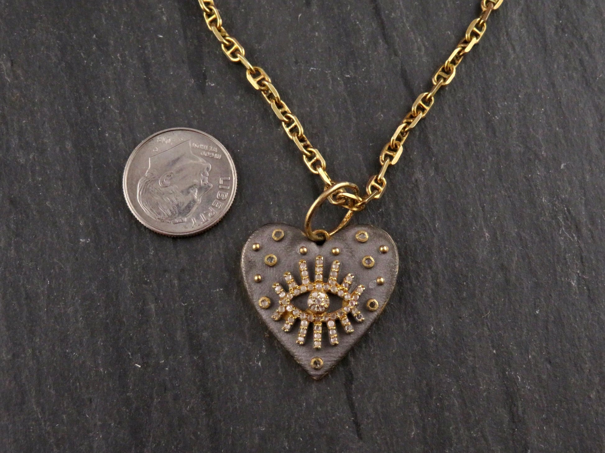 Mixed Metal Heart Medallion | Gold Silver Necklace | Diamond Evil Eye Necklace | Rough Eye Heart Medallion