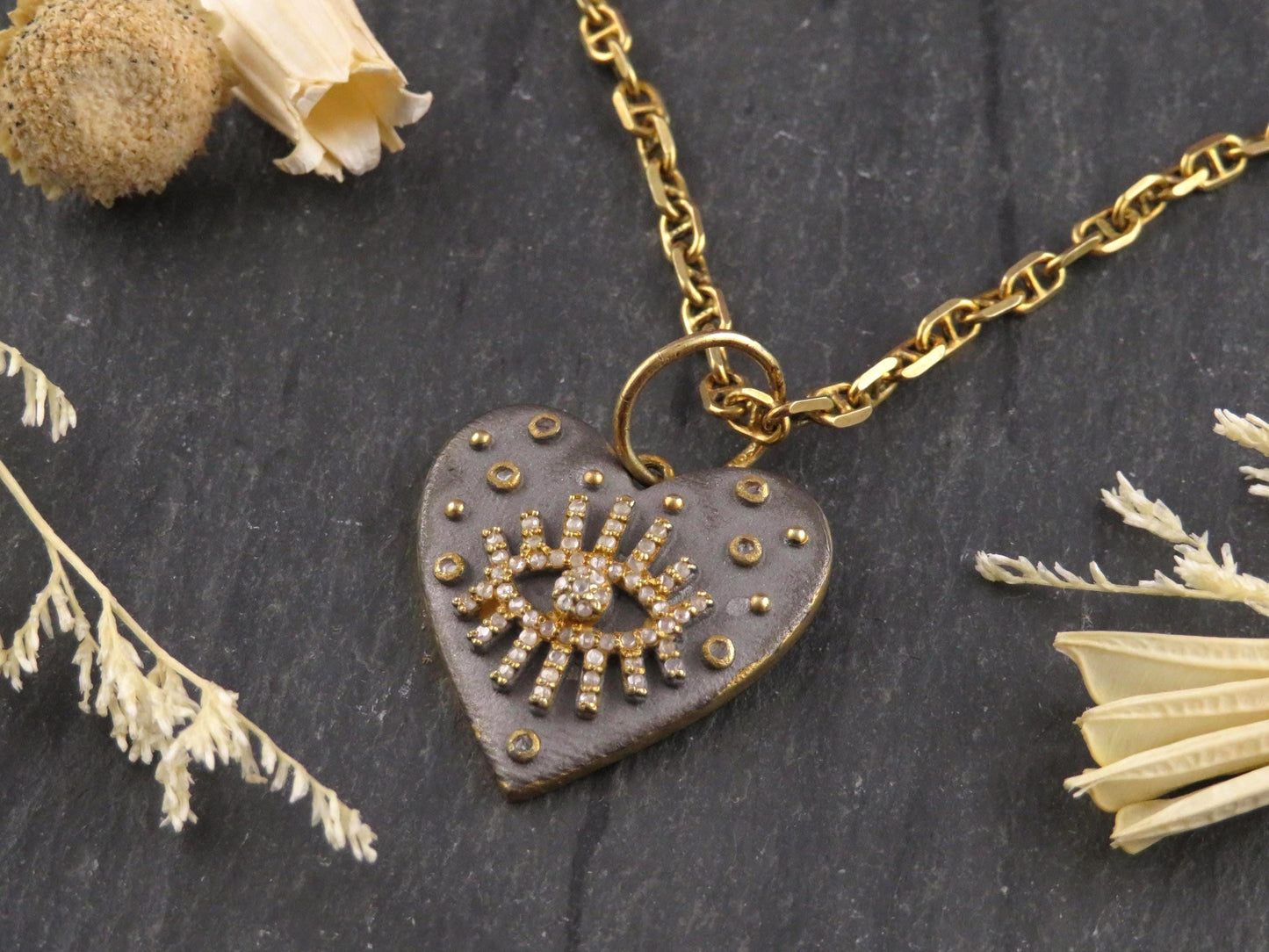 Mixed Metal Heart Medallion | Gold Silver Necklace | Diamond Evil Eye Necklace | Rough Eye Heart Medallion