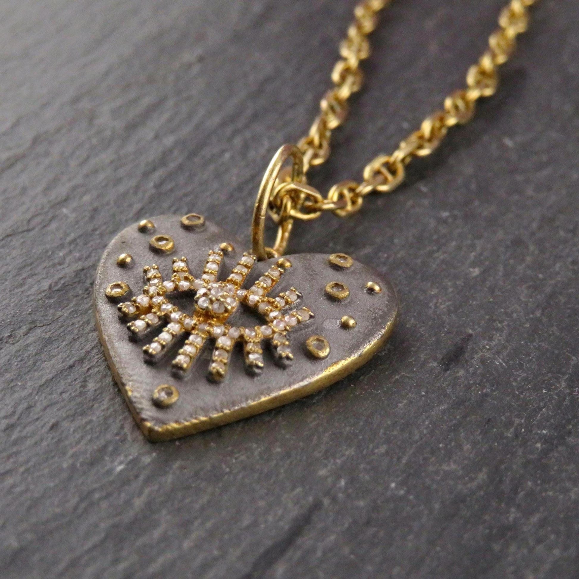Mixed Metal Heart Medallion | Gold Silver Necklace | Diamond Evil Eye Necklace | Rough Eye Heart Medallion