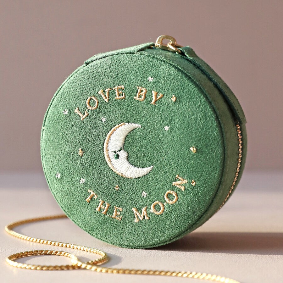 Sun and Moon Embroidered Travel Jewlery Case (Green)